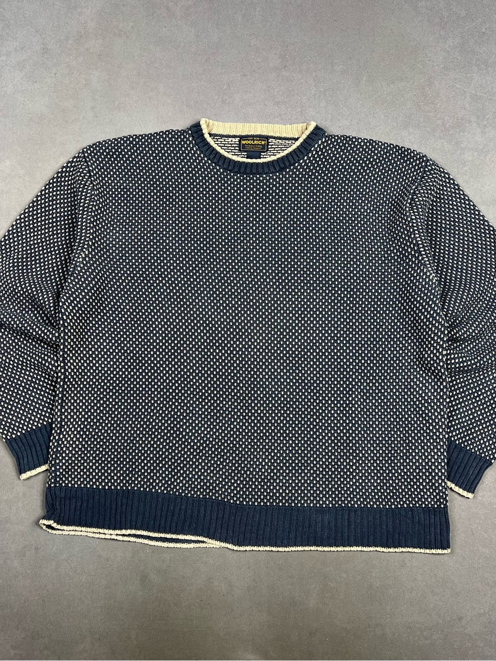 Woolrich Men's Navy and Cream Textured Crewneck Sweater